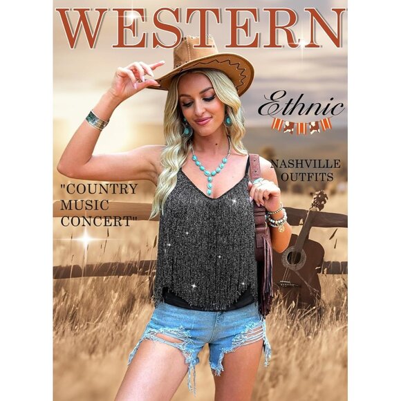 Women's Silver Black Fringe Tank Top Western Festival Clothing V Neck Outfits - Picture 4 of 6